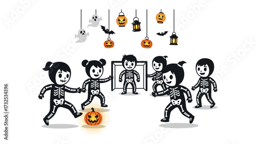 Halloween Kick: A group of cartoon children dressed in skeleton costumes play a festive game of soccer on Halloween, with pumpkins, bats.