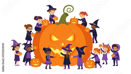 Spirited Halloween Gathering: A charming Halloween scene unfolds with kids costumed in witch and wizard garb gathering around a giant carved pumpkin.