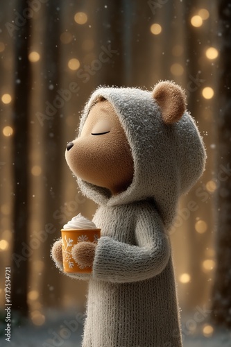 Side profile of cute teddy bear in knitted hoodie holding a festive mug with whipped cream, peaceful winter scene, perfect for holiday cards, cozy Christmas art, seasonal merchandise, kids books