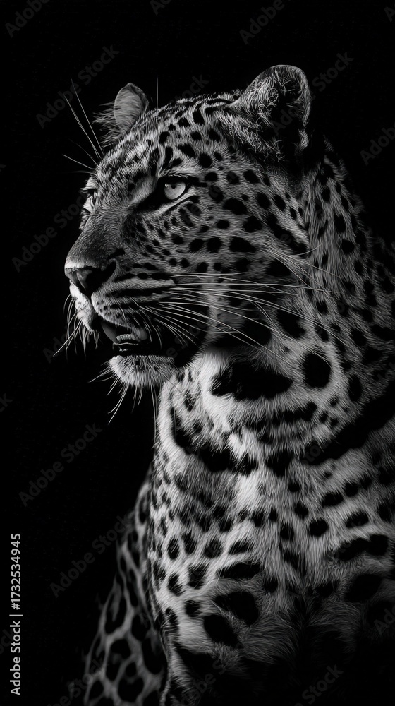 Fototapeta premium Black and White Profile of a Beautiful Leopard in Dark Background