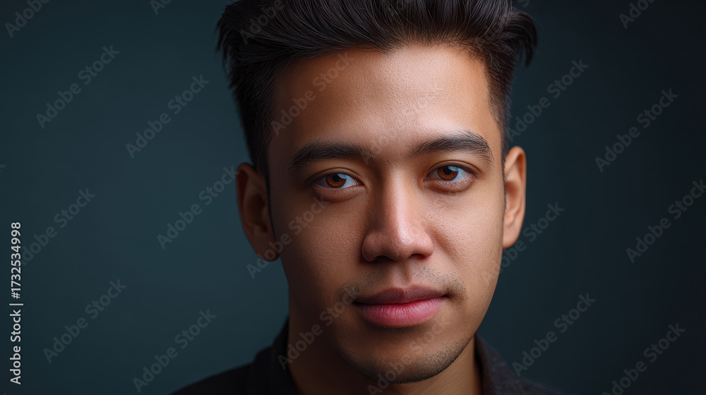 Obraz premium Young man portrait face brown eyes short hair close up confident expression studio lighting