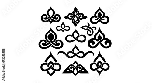 A collection of elegant ornamental symbols in a Celtic-inspired style. Black vector icons featuring knots and swirls for logos, tattoos, or decoration.