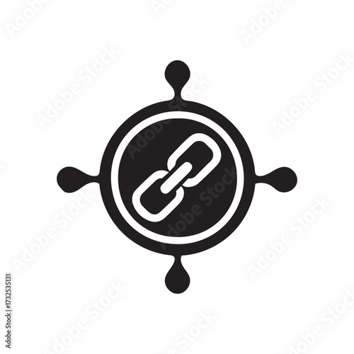 Abstract nautical compass rose symbol featuring interconnected chain link icon representing connection navigation and strength in modern design silhouette