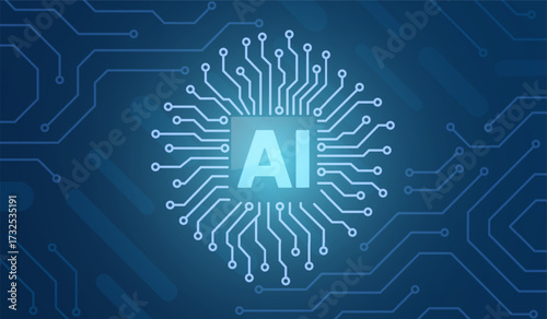 AI processor icon on futuristic circuit board. Vector graphic for technology and artificial intelligence concepts. Technology background of AI microchip and radial circuit lines.