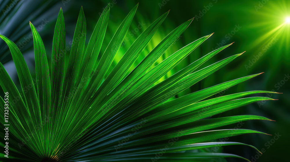 Obraz premium Green palm leaf with sunlight shining through, creating vibrant and fresh tropical atmosphere