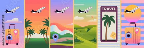 A vibrant travel-themed illustration featuring planes, palm trees, and scenic landscapes, evoking excitement for adventure and exploration in beautiful destinations worldwide.