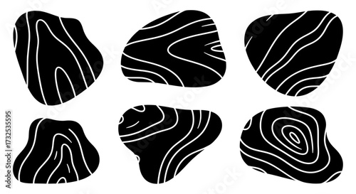 A set of abstract black organic shapes with white line patterns resembling wood grain texture. Modern minimalist vector elements for creative natural design.