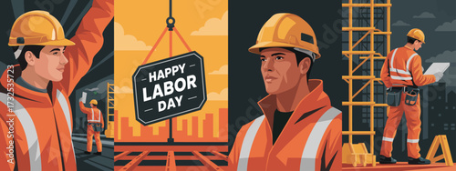 This action-packed Labor Day image features construction workers in helmets and safety gear, effectively celebrating the hard work and dedication of laborers in the construction industry.