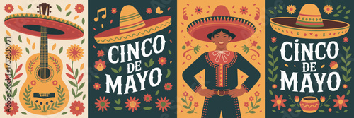 This captivating artwork celebrates Cinco de Mayo with traditional motifs, showcasing mariachi elements, guitars, and floral decorations that evoke the festive spirit of the holiday.