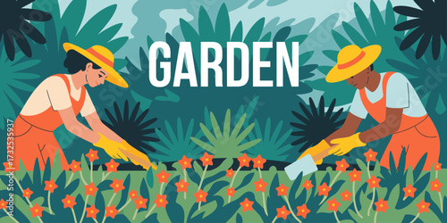 Illustration of two individuals gardening together in a lush tropical setting, highlighting collaboration, care for nature, and the joy of nurturing plants.