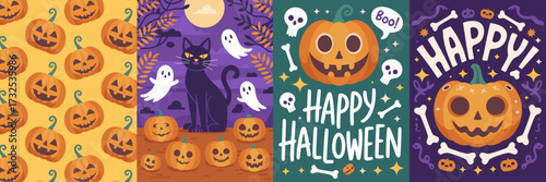 A vibrant array of decorated pumpkins showcasing unique facial expressions, perfect for Halloween celebrations, capturing the spirit of the festive season.