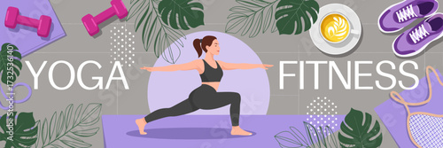 An energetic yoga fitness session depicted with vibrant colors, showcasing a person in a warrior pose set against a backdrop of lively tropical plants and exercise gear.