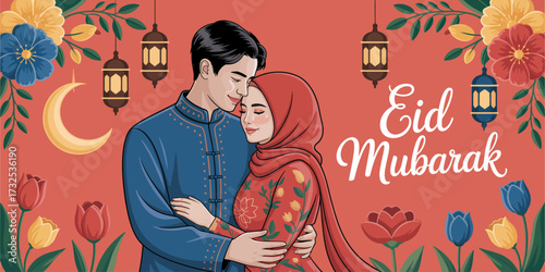 This intimate illustration portrays a couple celebrating Eid in traditional attire surrounded by festive floral decorations and lanterns, embodying love, warmth, and togetherness.