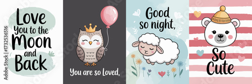 A delightful collection of illustrative cards featuring charming characters and heartfelt messages, perfect for conveying affection and warmth in a cheerful, playful style.
