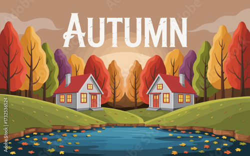A serene autumn landscape featuring two charming houses surrounded by vibrant trees with varying colors, reflecting the beauty of the fall season in a picturesque setting.