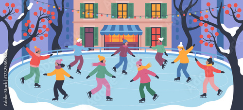 A lively winter scene of joyful skaters gliding on an outdoor ice rink, surrounded by charming buildings and festive decorations, embodying the spirit of holiday celebrations.