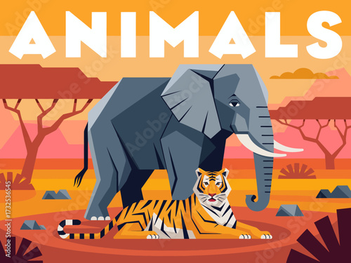 This vivid illustration presents a striking depiction of elephants and a tiger set against a colorful savanna backdrop, highlighting the beauty of wildlife in their natural habitat.