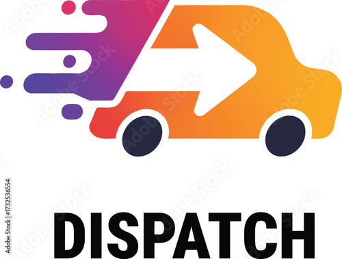 Pixel art van with a colorful gradient motion trail and a white arrow indicating forward movement, vector illustration, transport icon for delivery services and logistics solutions