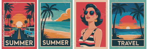The artwork features a collection of summer travel posters celebrating beachfront imagery, palm trees, and vibrant retro colors, evoking nostalgia and wanderlust.