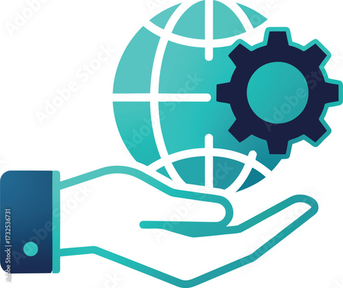 Global business solution showing gear and world held in hand svg vector illustration on a transparent background for growth and engineering concept