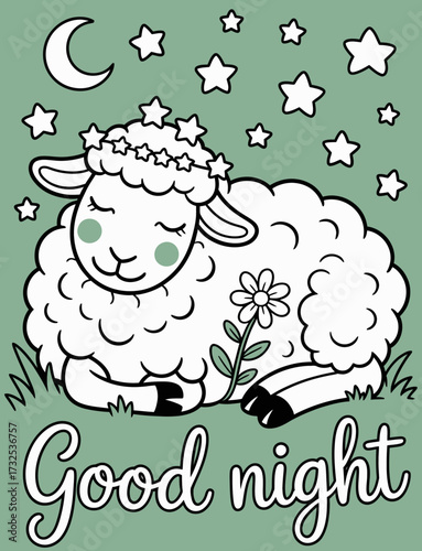 An adorable illustration of a sleeping lamb surrounded by stars and a moon, conveying a serene and peaceful 'Good Night' message for a cozy bedtime atmosphere.