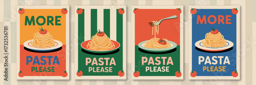 This vibrant collection of pasta menu posters highlights the irresistible appeal of Italian cuisine, combining bright colors and playful design elements for food lovers.