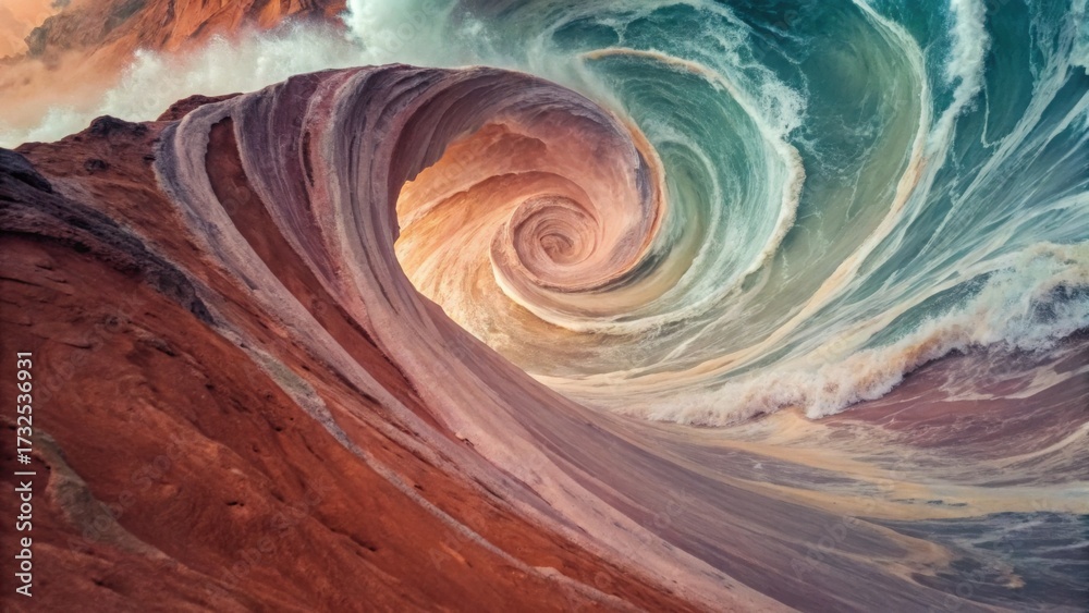 Obraz premium A stunning swirl of ocean waves crashing against vibrant rock formations, showcasing the beauty of nature's power and artistry.