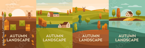 This array of autumn landscapes illustrates the tranquility of rural life, showcasing warm colors, charming homes, and serene waters amidst changing foliage and natural beauty of the season.