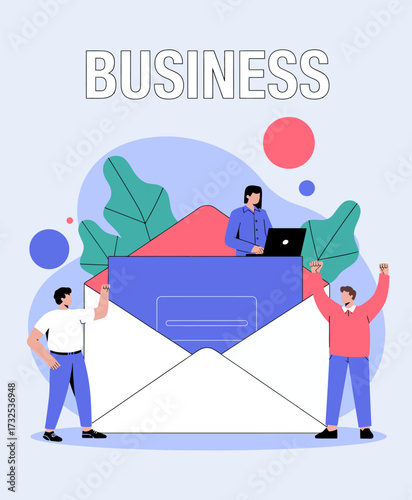 A vibrant, animated scene of a diverse business team joyfully celebrating their achievements together in front of a stylized envelope, symbolizing communication and collaboration.