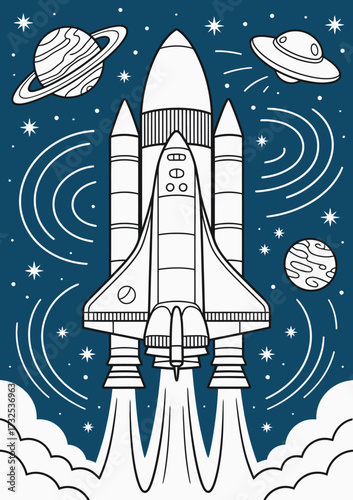 An exciting illustration featuring a rocket launching amidst stars and planets, capturing the essence of adventure, exploration, and the wonders of outer space.