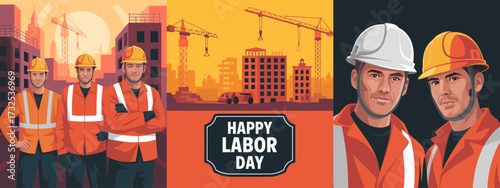 This engaging Labor Day image features a team of construction workers standing proud, showcasing teamwork and collaboration while celebrating their contributions to the community and society.