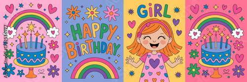 An illustration capturing the essence of celebration, featuring a joyful girl surrounded by birthday cake, vibrant hues, and playful elements, symbolizing happiness and youth.