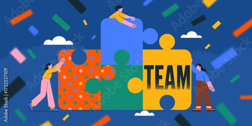 This engaging image presents multiple individuals collaborating on a colorful puzzle, symbolizing teamwork, creativity, and problem-solving in a dynamic environment.