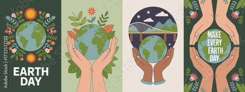 A visually appealing design for Earth Day depicting hands holding a globe, surrounded by plant motifs, symbolizing love and care for our planet.