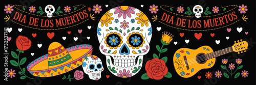 This vibrant image represents Dia de los Muertos with beautifully designed skulls, flowers, and traditional symbols that celebrate life and death.