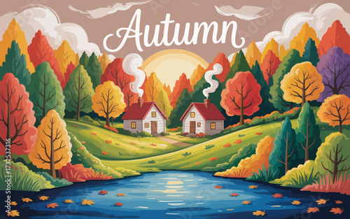A beautiful autumn scene featuring two quaint homes beside a tranquil lake, surrounded by a brilliant display of colorful foliage and gently falling leaves in the breeze.