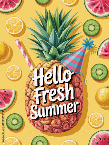 A delightful pineapple adorned with a festive hat, lemons, and kiwis, embodying the fresh spirit of summer, perfect for promotional materials and invites.