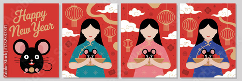 A vibrant set of images celebrating the New Year with traditional symbols of good fortune, featuring artistic representations of a mouse and festive decorations.