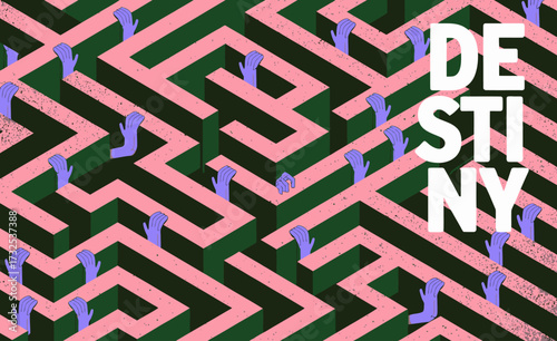 This visually stimulating maze scene features colorful blocks, dynamic lines, and hands reaching out, representing the pursuit of goals and personal aspirations.