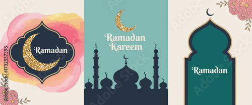 A vibrant array of Ramadan greetings showcasing delightful crescent moons and artistic motifs, capturing the essence of sharing joy and peace during the holy celebration.