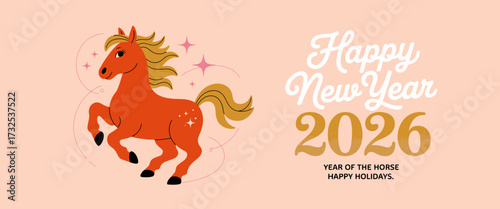 A cheerful horse illustration representing the Year of the Horse for 2026, adorned with sparkling elements, embodying celebration and new beginnings.