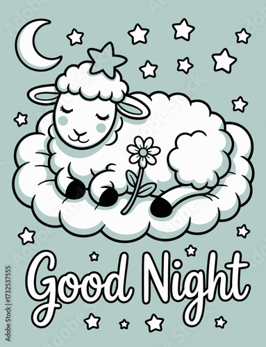 A delightful illustration of a happy lamb lying on a cloud amidst stars, conveying a whimsical 'Good Night' theme perfect for children's bedtime stories.