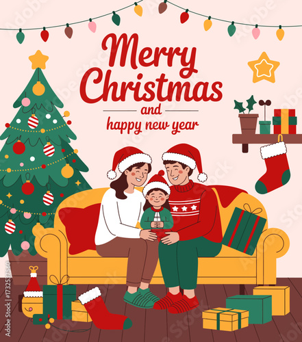 A joyful family celebrates Christmas on a cozy couch, surrounded by festive decorations and gifts, capturing the warmth and togetherness of the holiday season.
