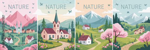 A picturesque mountainous landscape integrating charming village scenes, blooming flowers, and scenic paths, depicting the harmonious blend of nature and rural life in joyous colors.