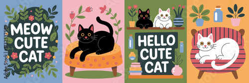 This delightful cartoon showcases adorable cats in cozy spots, surrounded by floral designs, perfect for all cat enthusiasts and those who appreciate colorful art styles.