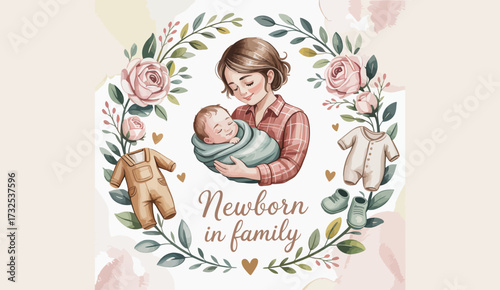 This touching image features a loving mother holding her newborn baby, surrounded by a floral wreath, beautifully symbolizing the joy of new family beginnings and affection.