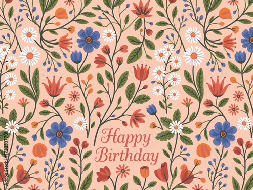 A delightful floral pattern featuring a 'Happy Birthday' message surrounded by a plethora of colorful blossoms, perfect for birthday cards and celebratory materials.