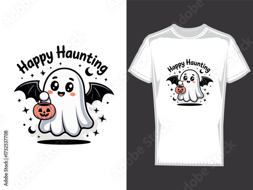 Cute ghost holding pumpkin candy bucket, kawaii Halloween t-shirt