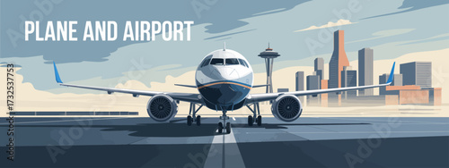 An airplane is seen on a runway with a city skyline behind it, showcasing the harmony between human ingenuity and nature's beauty, representing global connectivity and travel.