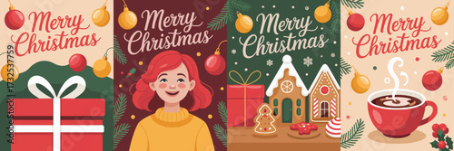 A delightful holiday illustration featuring gingerbread houses, cheerful characters, and festive treats, radiating joy and the spirit of Christmas celebrations all around.